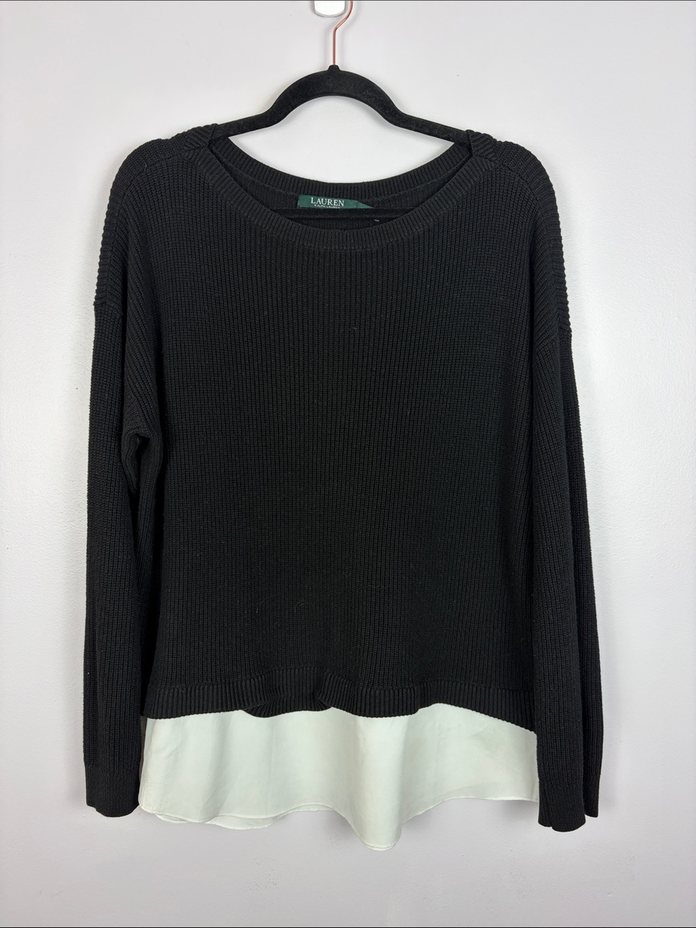 Lauren Ralph Lauren Layered Sweater XL Black Cotton Modal Shirt Hem Pullover - Picture 2 of 13